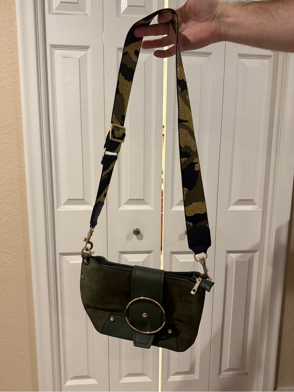 Olive Green Crossbody Bag with Adjustable camo Strap